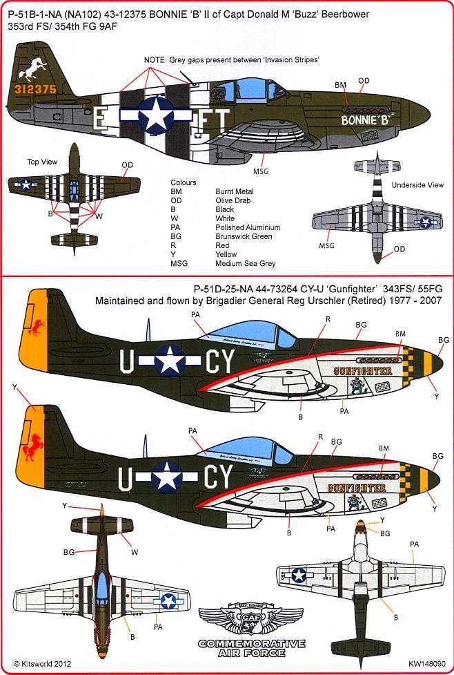 Kits World Decals 1/48 NORTH AMERICAN P-51 MUSTANG Bonnie B & Gunfighter